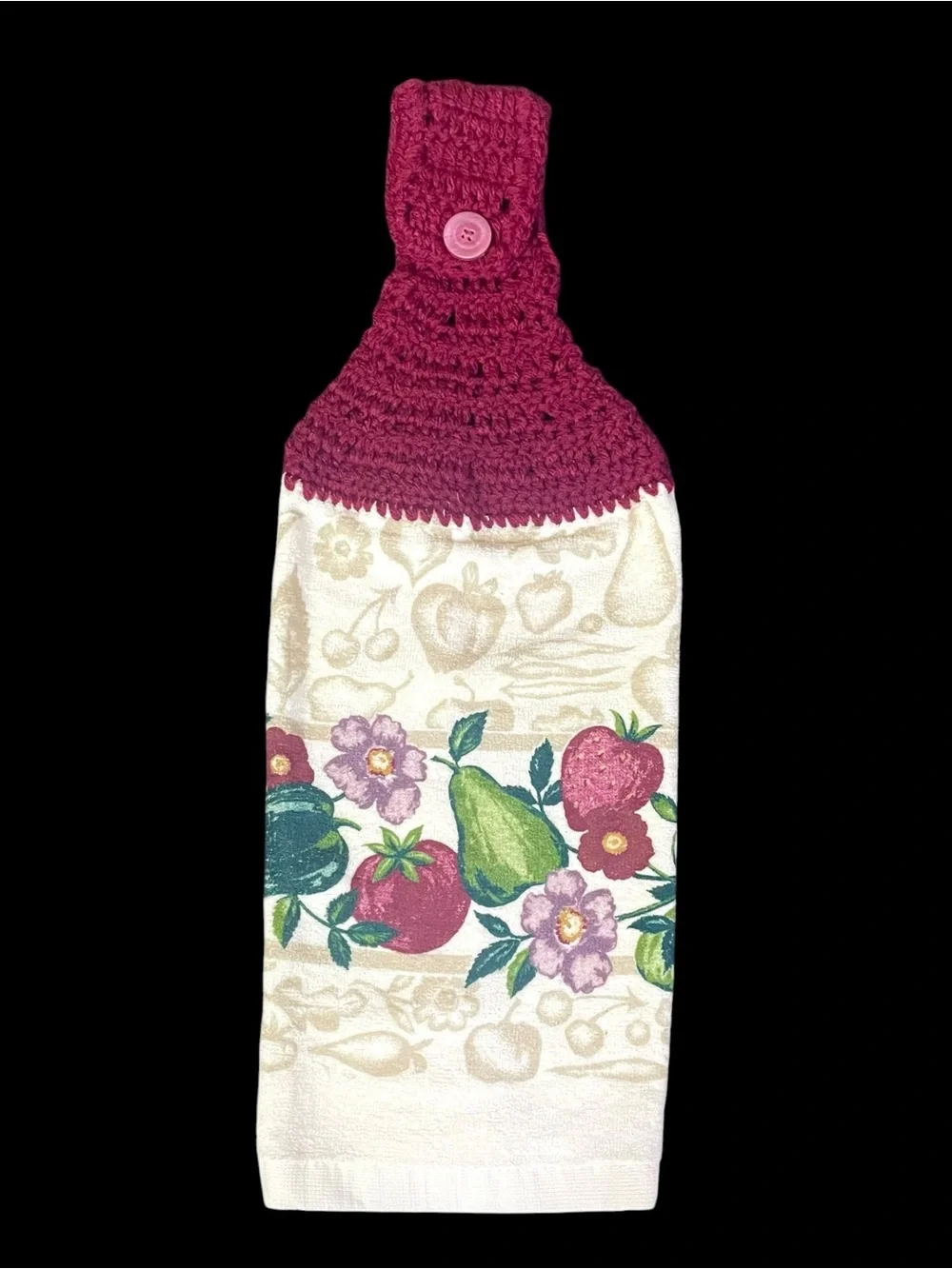 Kitchen Towel Set 2x Crochet Top & Standard ~ Floral Fruits Vegetables NEW NWOT